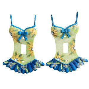 Blue Yellow Flower Glitter Bow Painted Dress Light Switch Cover Set Cute Girly
